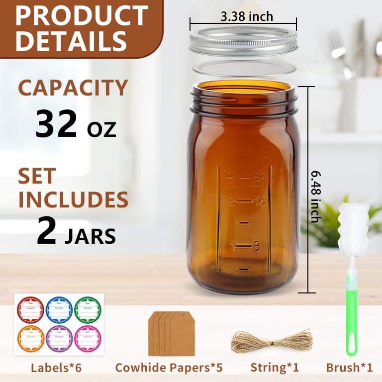 CARBLIN 2 Pack Mason Jars 32 oz, Amber Wide Mouth Canning Jars with Airtight Lids, Glass Pint Jars with Bands Labels Brush, Large Storage Quart Jars for Jam Fermenting Preserving - Image 3