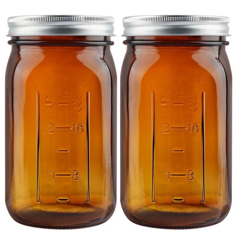 CARBLIN 2 Pack Mason Jars 32 oz, Amber Wide Mouth Canning Jars with Airtight Lids, Glass Pint Jars with Bands Labels Brush, Large Storage Quart Jars for Jam Fermenting Preserving - Image 1