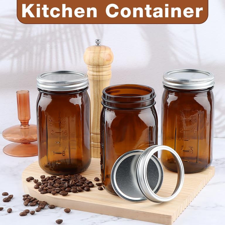 CARBLIN 2 Pack Mason Jars 32 oz, Amber Wide Mouth Canning Jars with Airtight Lids, Glass Pint Jars with Bands Labels Brush, Large Storage Quart Jars for Jam Fermenting Preserving - Image 2