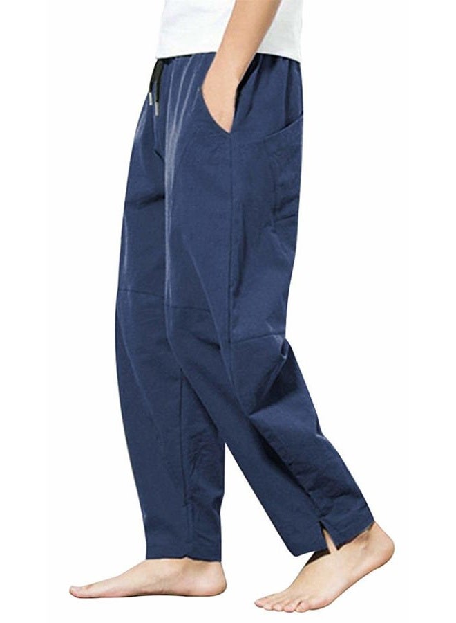PACEIADTA Men's Linen Pants Casual Elastic Waist Drawstring Yoga Beach Trousers, Navy, M - Image 2