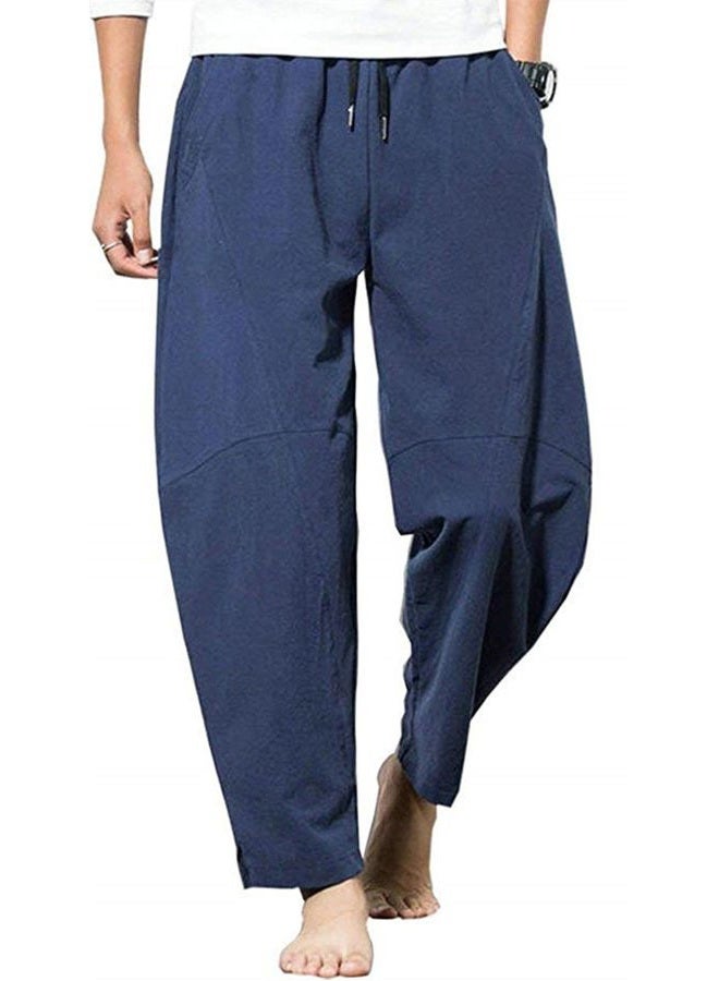 PACEIADTA Men's Linen Pants Casual Elastic Waist Drawstring Yoga Beach Trousers, Navy, M - Image 4