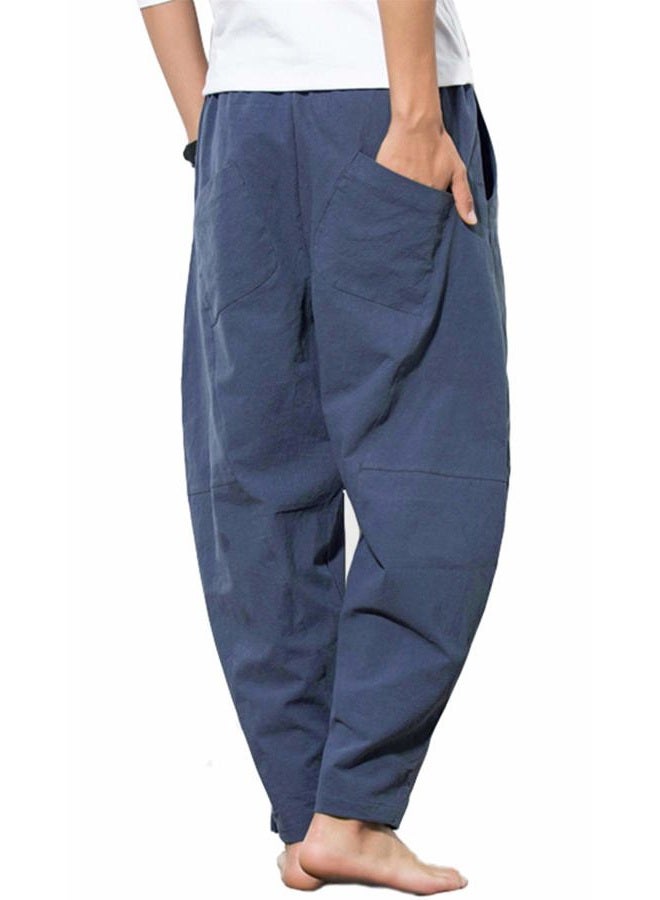 PACEIADTA Men's Linen Pants Casual Elastic Waist Drawstring Yoga Beach Trousers, Navy, M - Image 3