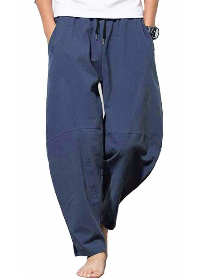 PACEIADTA Men's Linen Pants Casual Elastic Waist Drawstring Yoga Beach Trousers, Navy, M - Image 1
