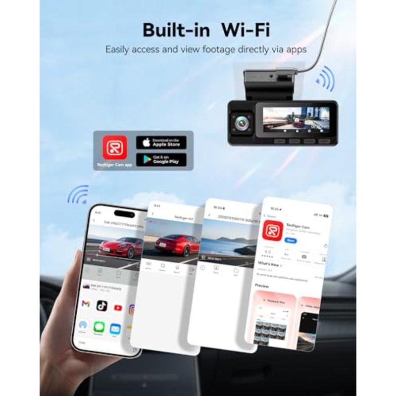 A3 3 Channel Dash Cam أمامية خلفية، 1440P+1080P+1080P Dash Camera، تدعم اللغة العربية، تتضمن بطاقة 32 جيجابايت، وضع ركن السيارة 24 ساعة، كاميرا سيارة بشاشة 3.18 بوصة، WiFi، رؤية ليلية بالأشعة تحت الحمراء، تسجيل حلقي - Image 4