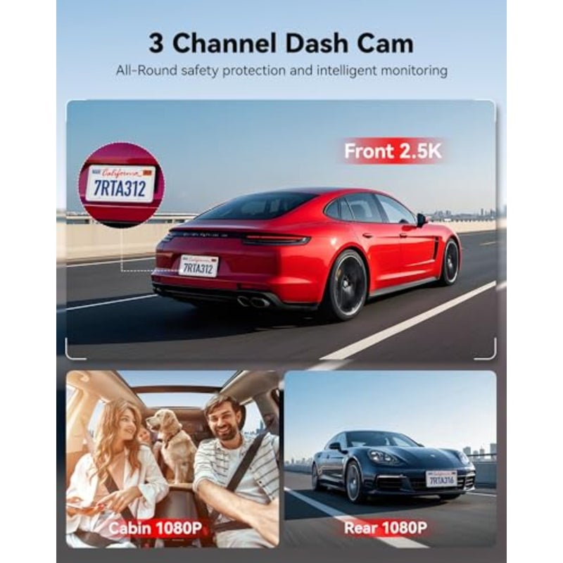 A3 3 Channel Dash Cam أمامية خلفية، 1440P+1080P+1080P Dash Camera، تدعم اللغة العربية، تتضمن بطاقة 32 جيجابايت، وضع ركن السيارة 24 ساعة، كاميرا سيارة بشاشة 3.18 بوصة، WiFi، رؤية ليلية بالأشعة تحت الحمراء، تسجيل حلقي - Image 3