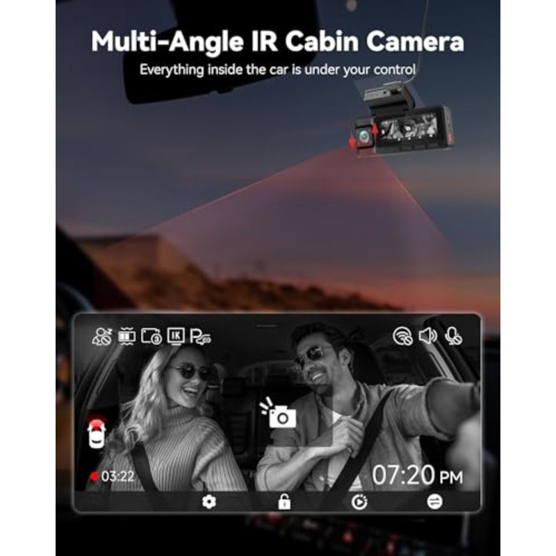 A3 3 Channel Dash Cam أمامية خلفية، 1440P+1080P+1080P Dash Camera، تدعم اللغة العربية، تتضمن بطاقة 32 جيجابايت، وضع ركن السيارة 24 ساعة، كاميرا سيارة بشاشة 3.18 بوصة، WiFi، رؤية ليلية بالأشعة تحت الحمراء، تسجيل حلقي - Image 5