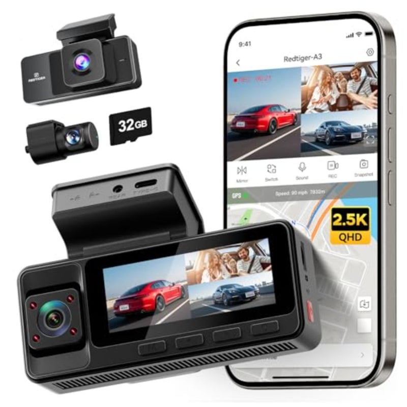 A3 3 Channel Dash Cam أمامية خلفية، 1440P+1080P+1080P Dash Camera، تدعم اللغة العربية، تتضمن بطاقة 32 جيجابايت، وضع ركن السيارة 24 ساعة، كاميرا سيارة بشاشة 3.18 بوصة، WiFi، رؤية ليلية بالأشعة تحت الحمراء، تسجيل حلقي - Image 1