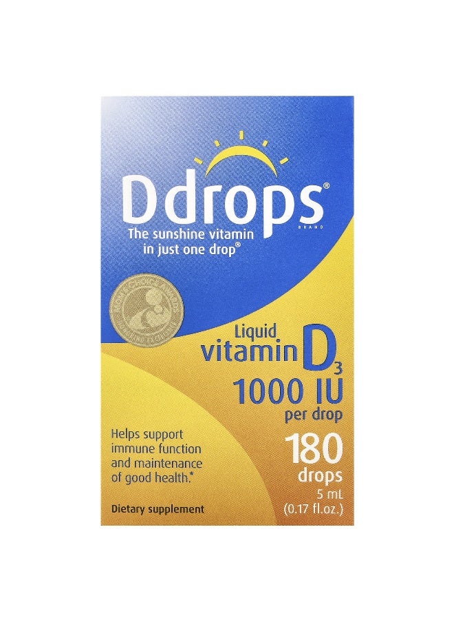 Ddrops دي دروبس، فيتامين د3 السائل، 1000 وحدة دولية، 0.17 أونصة سائلة (5 مل) - Image 1