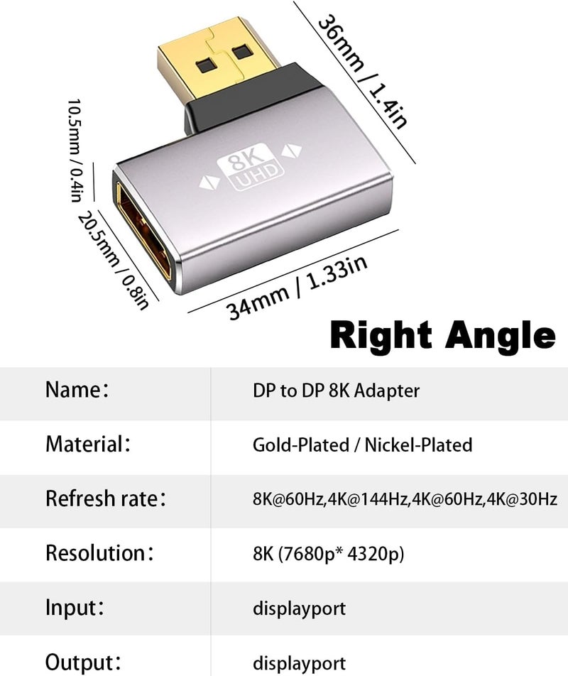 Tobo 8K Right Angle Displayport Adapter, Displayport Extender Adapter 32.4Gbps, DisplayPort Male to Female Adapter (8K/60Hz, 4k/144Hz) for PC, Laptop - Image 2