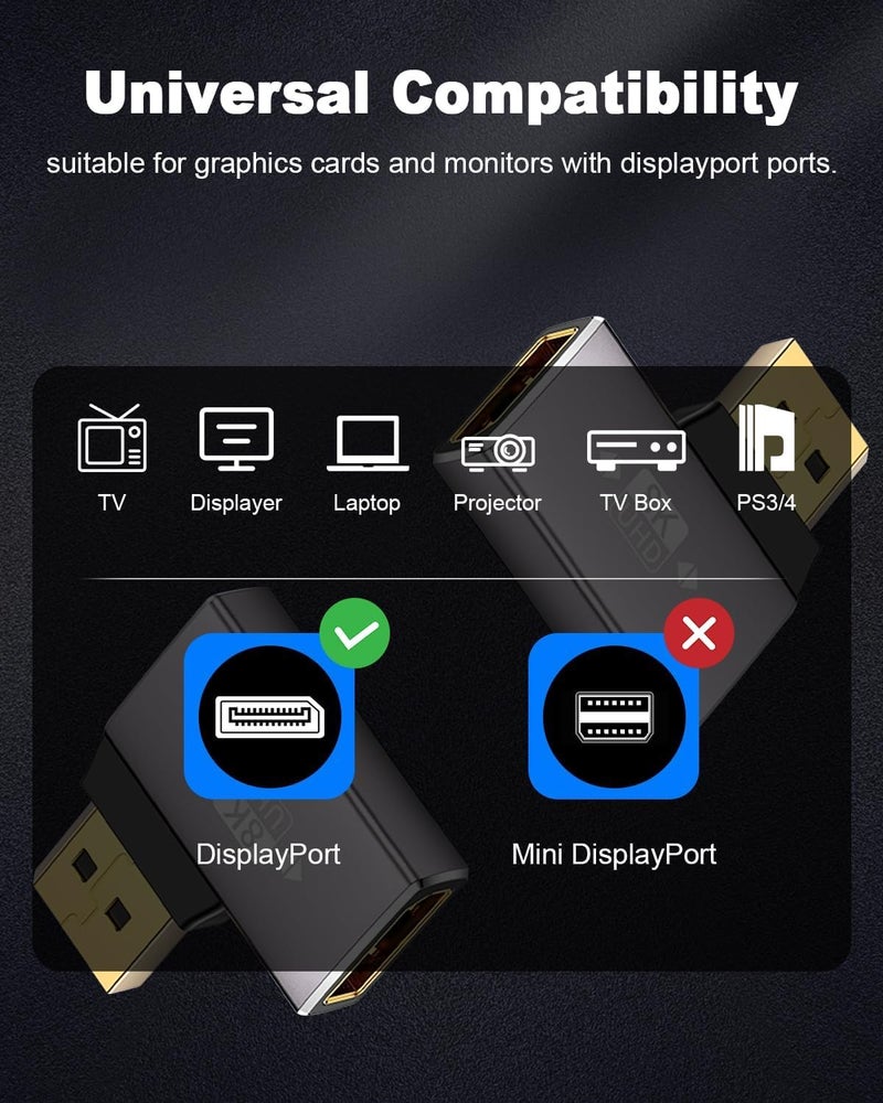 Tobo 8K Right Angle Displayport Adapter, Displayport Extender Adapter 32.4Gbps, DisplayPort Male to Female Adapter (8K/60Hz, 4k/144Hz) for PC, Laptop - Image 4