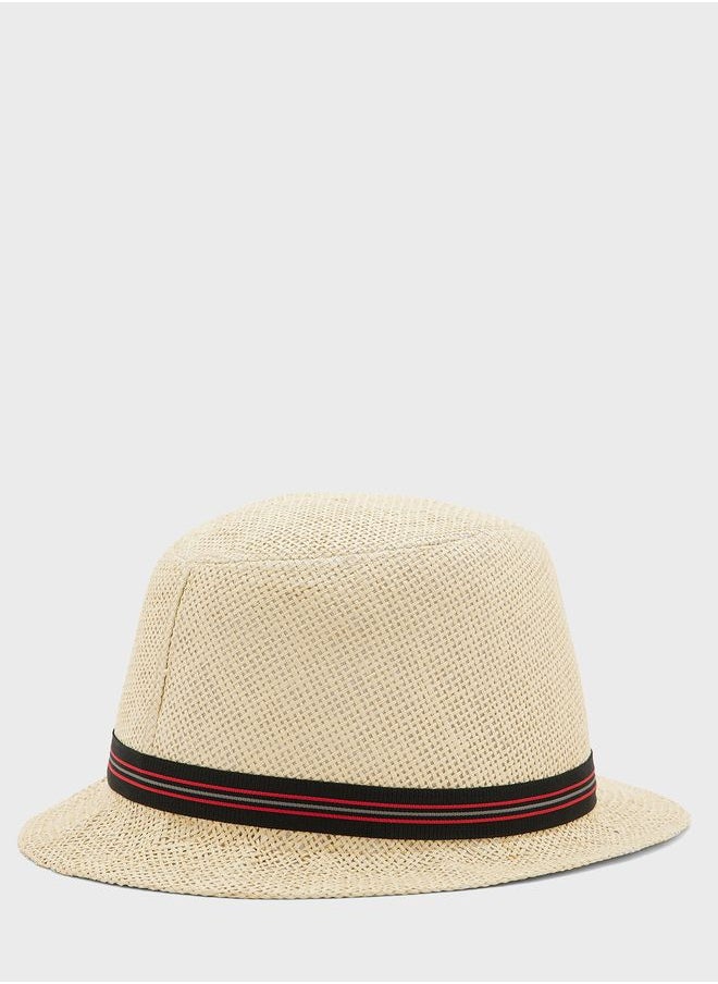 BRAVE SOUL - Stripe Detail Straw Fedora Hat - Image 1