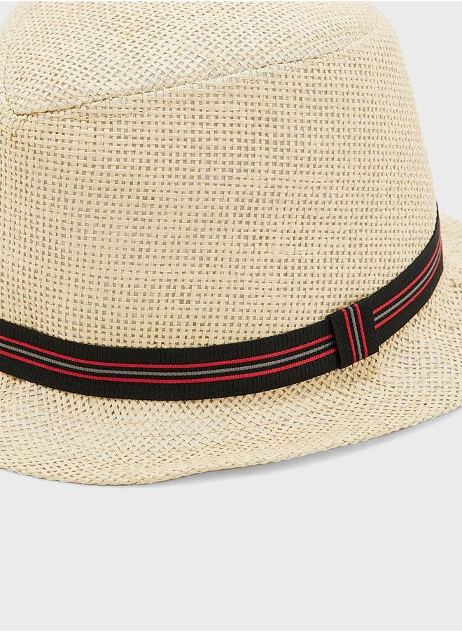 BRAVE SOUL - Stripe Detail Straw Fedora Hat - Image 1