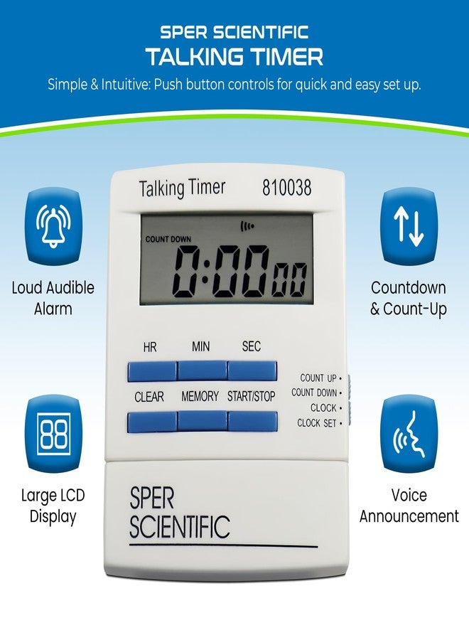 Sper Scientific Talking Timer with Audible Countdown Voice Announcements 810038 - Large LCD Display, Hands-Free Timer with Loud Alarm & Memory Recall - Perfect for Cooking, Labs, Fitness & more - 2 pc - Image 2