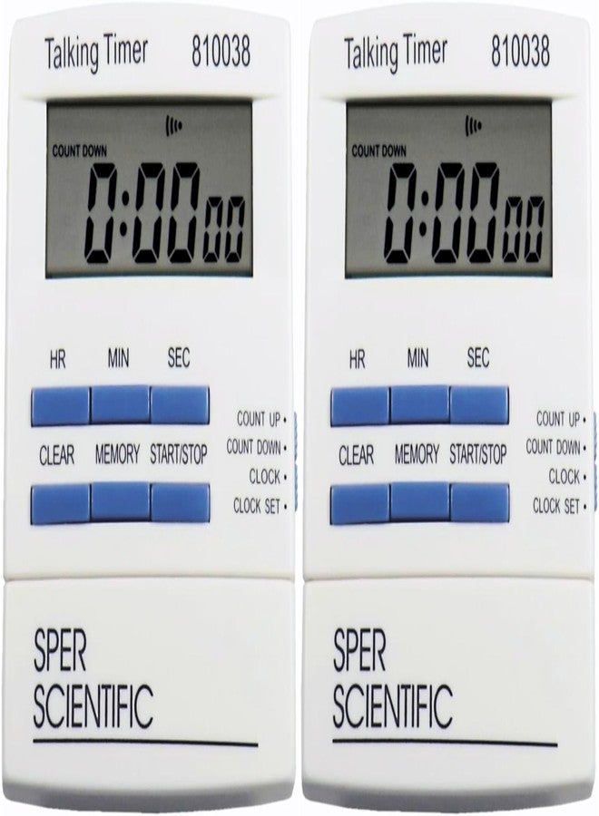 Sper Scientific Talking Timer with Audible Countdown Voice Announcements 810038 - Large LCD Display, Hands-Free Timer with Loud Alarm & Memory Recall - Perfect for Cooking, Labs, Fitness & more - 2 pc - Image 1