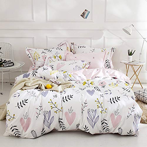 BuLuTu Floral Love Print Girls Duvet Cover Twin White/Pink Cotton Premium Blossom Kawaii Reversible Kids Bedroom Comforter Cover Bedding Sets for Toddler,Teen,Breathable,Lightweight,Zipper Closure - Image 3