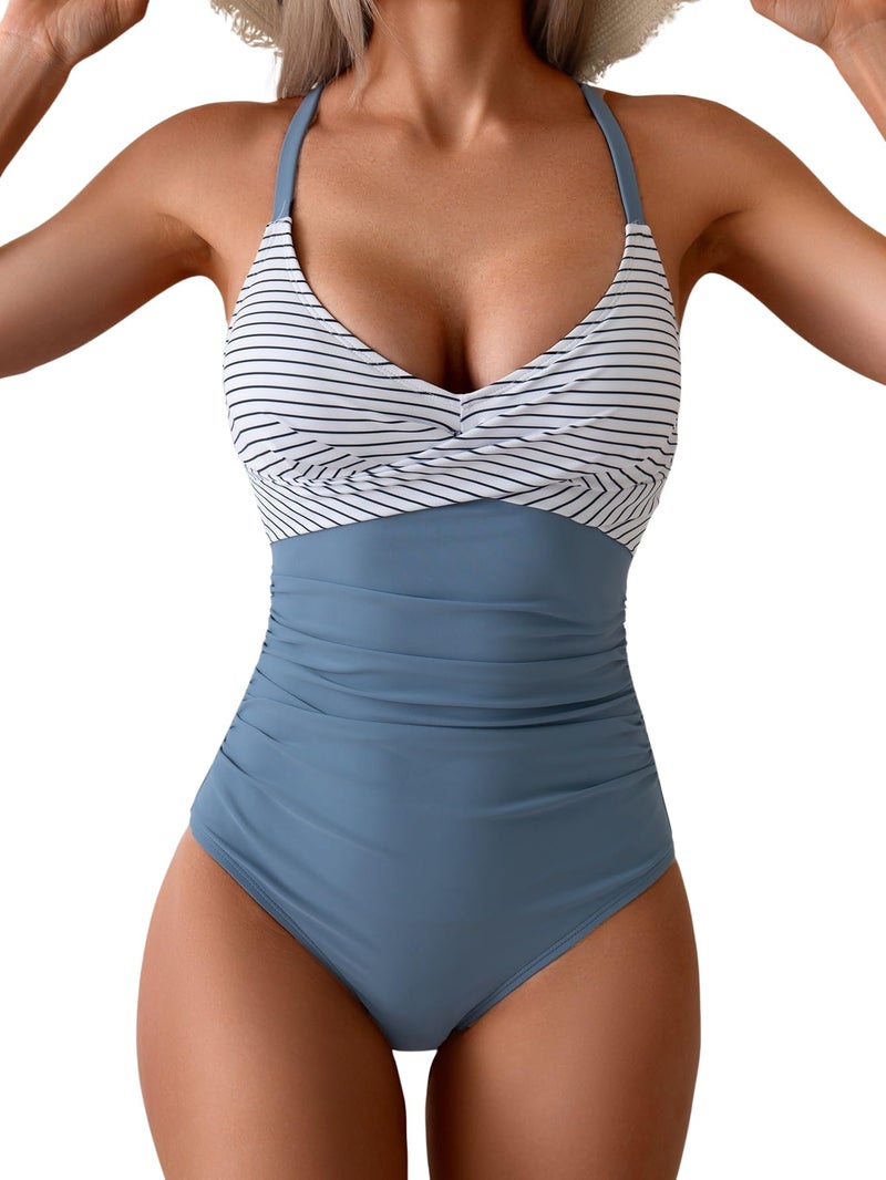 B2prity Women's One Piece Swimsuits Tummy Control Front Cross Bathing Suits Tie Back Slimming V Neck Swimwear - Image 1