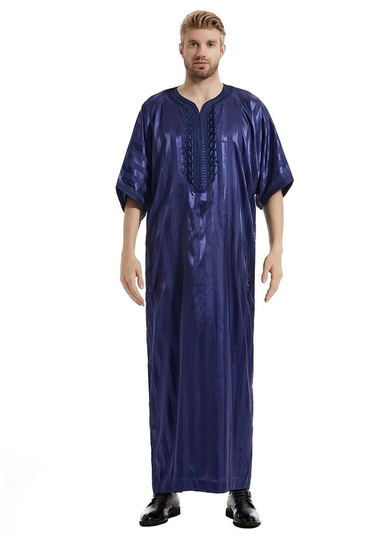 إسكدنيا Men's Solid Color Short Sleeve Kandora Islamic Arabic Embroidery Kaftan Robe Navy Blue  - Image 1