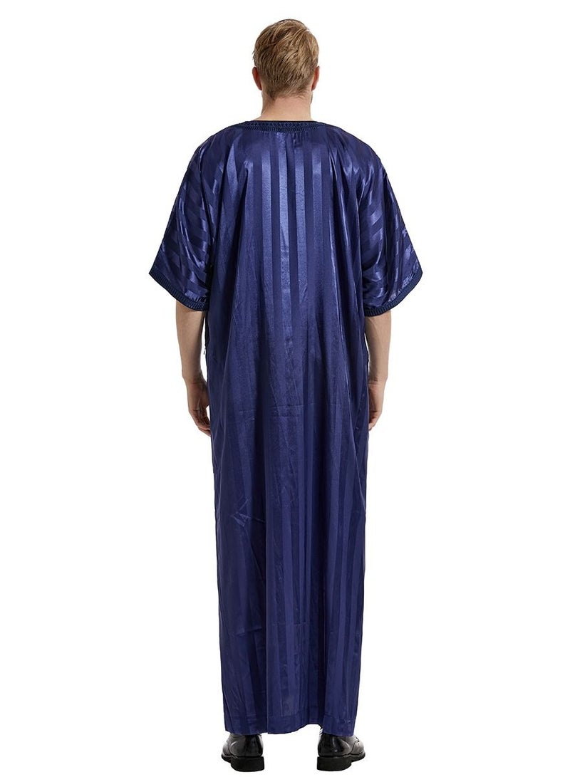 إسكدنيا Men's Solid Color Short Sleeve Kandora Islamic Arabic Embroidery Kaftan Robe Navy Blue  - Image 2