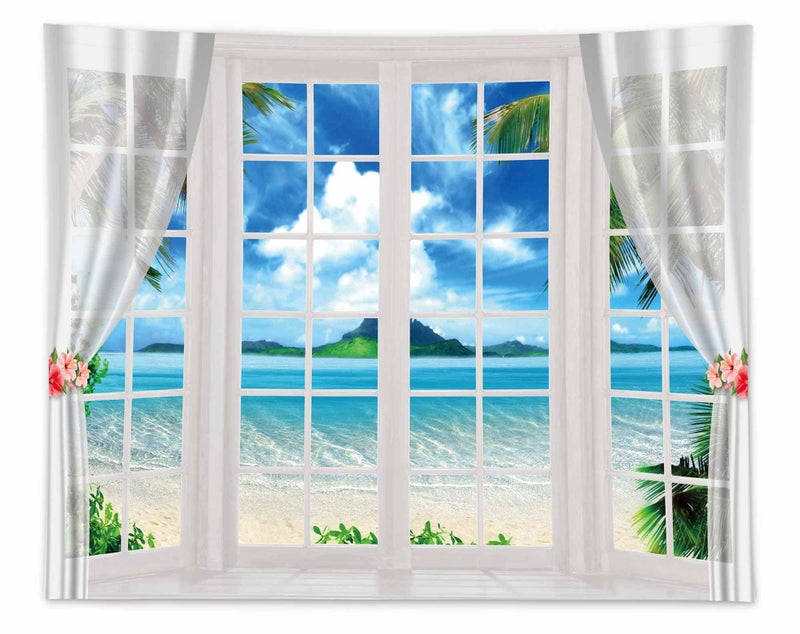 Allenjoy 10x8ft Summer Beach Window Background Hawaiian Tropical Photography Backdrop Ocean Island Palm Leaves Luau Party Banner Wedding Birthday Photo Booth Decorations