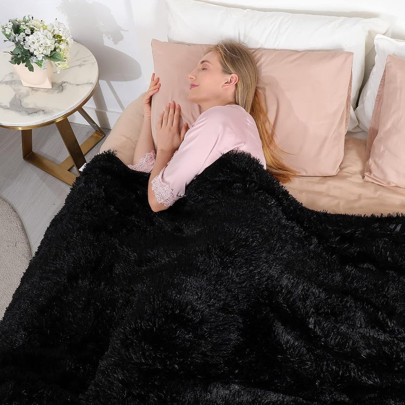 Tuddrom Decorative Extra Soft Faux Fur Throw Blanket 50" x 60",Reversible Fuzzy Lightweight Long Hair Shaggy Throw Blankets, Fluffy Cozy Plush Fleece Comfy Microfiber Fur Blanket for Couch Sofa Bed, Black - Image 4