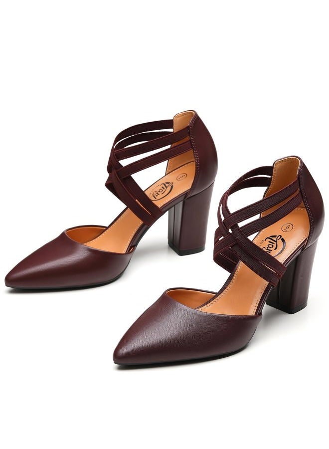 Trary Women's Low Heels Pumps Chunky Closed Pointed Toe Block Heels for Women Dress Shoes Elastic Crisscross Strappy 3.5 Inch Comfortable for Wedding Bridal, Burgundy, 8 - Image 3