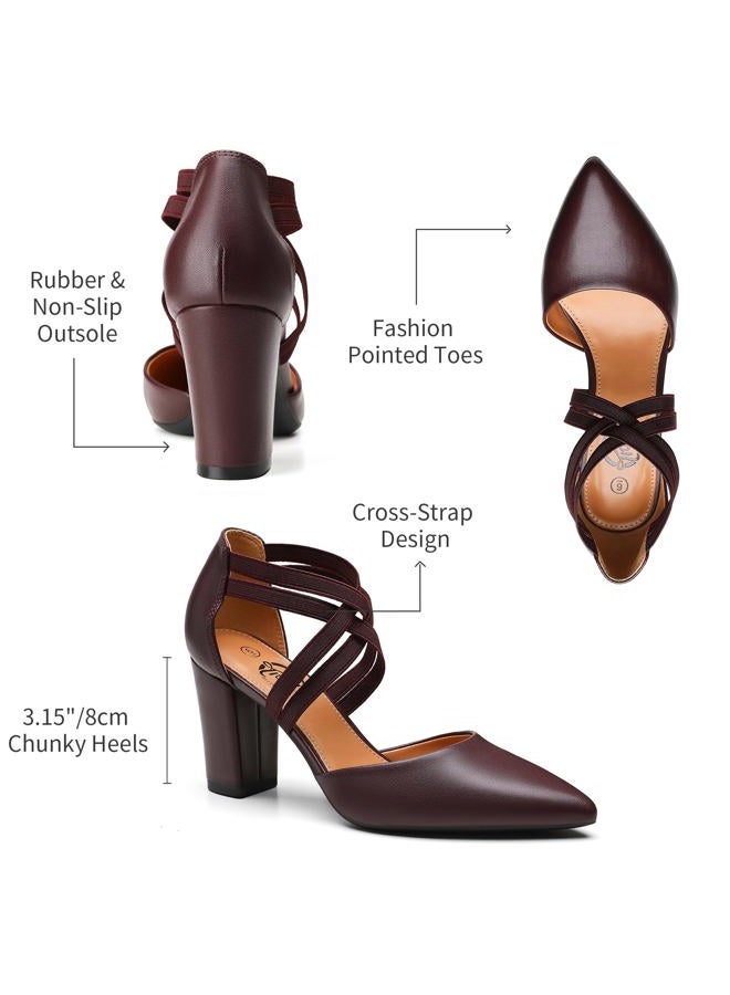 Trary Women's Low Heels Pumps Chunky Closed Pointed Toe Block Heels for Women Dress Shoes Elastic Crisscross Strappy 3.5 Inch Comfortable for Wedding Bridal, Burgundy, 8 - Image 5