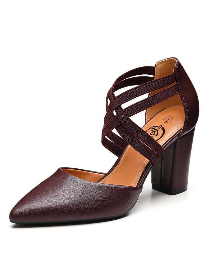 Trary Women's Low Heels Pumps Chunky Closed Pointed Toe Block Heels for Women Dress Shoes Elastic Crisscross Strappy 3.5 Inch Comfortable for Wedding Bridal, Burgundy, 8 - Image 1