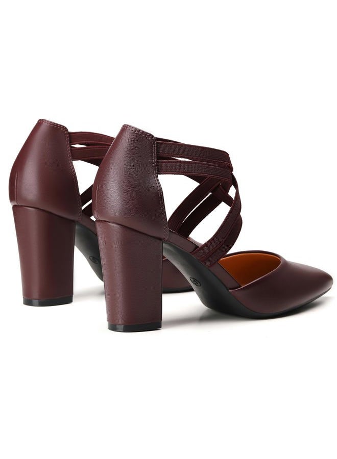 Trary Women's Low Heels Pumps Chunky Closed Pointed Toe Block Heels for Women Dress Shoes Elastic Crisscross Strappy 3.5 Inch Comfortable for Wedding Bridal, Burgundy, 8 - Image 4