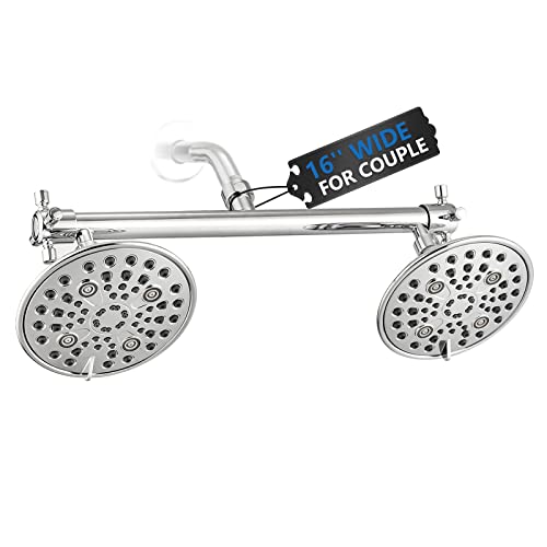 Proox Double Shower Head with Built-in Valve, High Pressure 6 Setting Dual Shower Head Design for Couple on Walk-in Bathroom or Single on Bathtub Bathroom - Chrome - Image 1