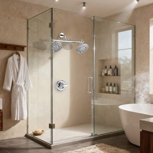 Proox Double Shower Head with Built-in Valve, High Pressure 6 Setting Dual Shower Head Design for Couple on Walk-in Bathroom or Single on Bathtub Bathroom - Chrome - Image 2