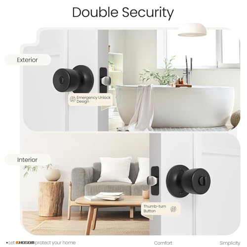 HOSOM Privacy Door Knob with Lock, Matte Black Door Knob Set, Black Door Handles Interior, Keyless Doorknobs Interior Door Lock for Bedroom, Bathroom, 1 Pack - Image 4