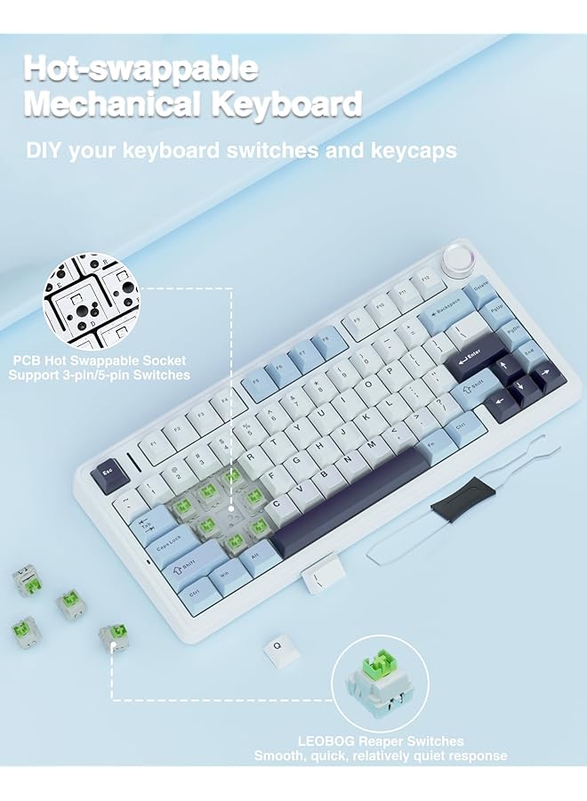 Aula F75 Gasket Mounted Mechanical Keyboard 75% Hot Swap Enabled Gaming Keyboard With Five Layers Padding And on Bluetooth/Wireless/Usb C Rgb (Light Blue Ice Vein Switch) - Image 4