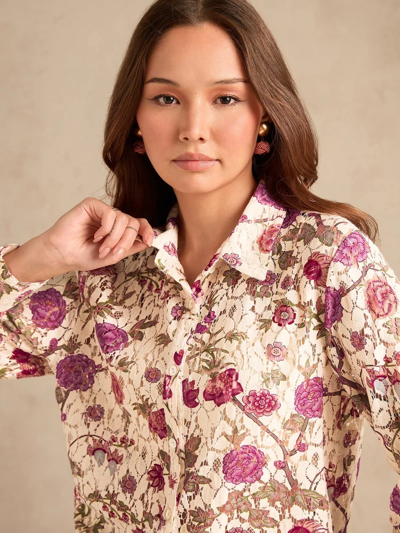 OUTZIDR Multi Womens Shirt With Printed Lace Fabric