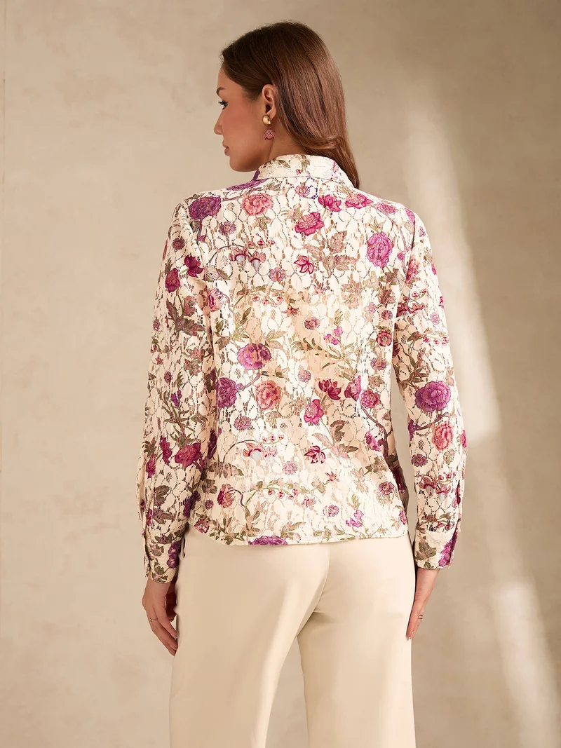 Outzidr  Multi Womens Shirt With Printed Lace Fabric for Women | Best Price UAE