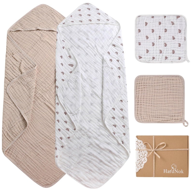 HardNok Muslin Hooded Baby Towel 4 Pack, Preuim Muslin 6 Layers Natural Cotton Baby Bath Towels, Soft and Comfortable for Boys,Girls (32x32,Pink Striped and White) - Image 1