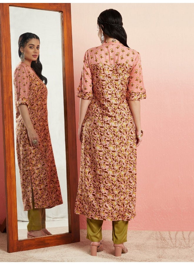 AKS Pink Printed Straight Kurta - Image 4