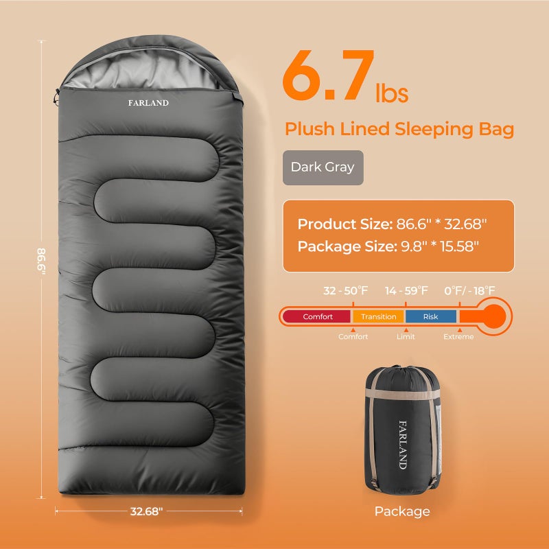 FARLAND Sleeping Bag for Adults, Cold Weather & Warm Plush Fleece-Lined Interior - Portable Waterproof Windproof with Compression Sack for Camping Hiking Traveling Indoor & Outdoor - Image 2