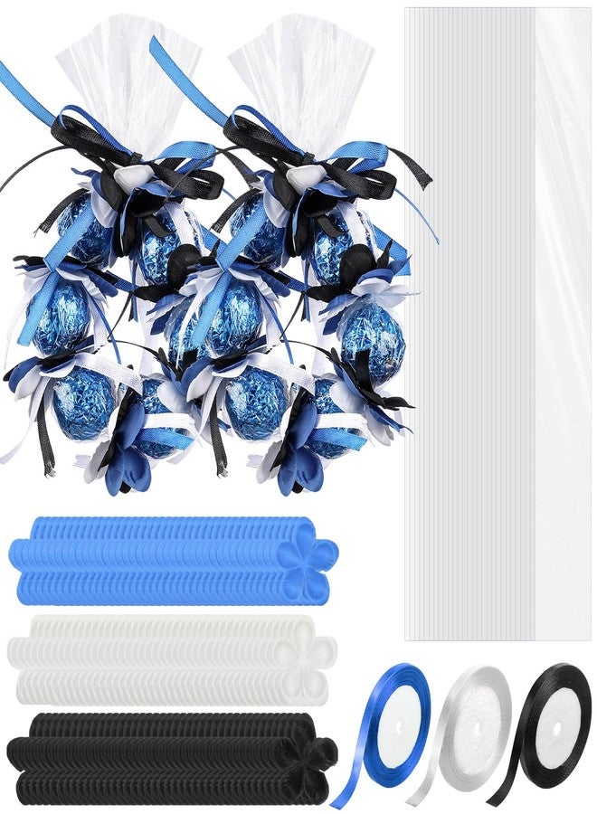 Yexiya 50 Sets Graduation Candy Lei Making Kit 23 Inch Transparent Plastic Cellophane Bags, Including 150 Tricolor Petals and 3 Rolls Ribbon Congrats Grad Candy Wreath Gift for Party(Blue - Image 1