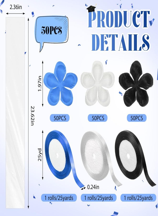 Yexiya 50 Sets Graduation Candy Lei Making Kit 23 Inch Transparent Plastic Cellophane Bags, Including 150 Tricolor Petals and 3 Rolls Ribbon Congrats Grad Candy Wreath Gift for Party(Blue - Image 2
