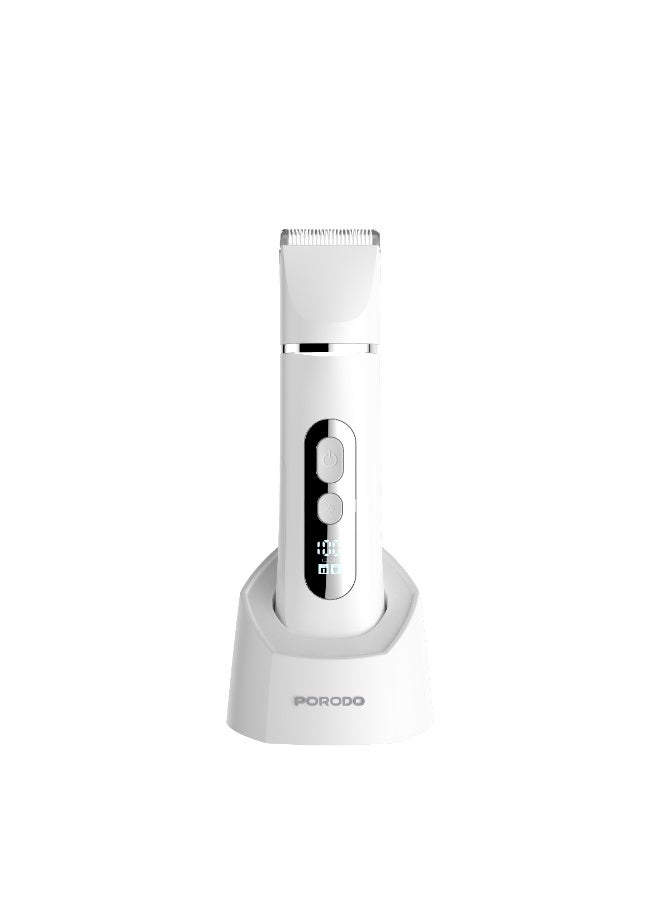 porodo 4 in 1 Face And Body Electric Trimmer with Smart LED Display / Ceramic Precision Blades / Shaving, Full-Body Grooming / Water Resistant IPX7 / Facial Shaver Head . Body Shaver Head & Precision Trimmer Head / 6100RPM - White - Image 1