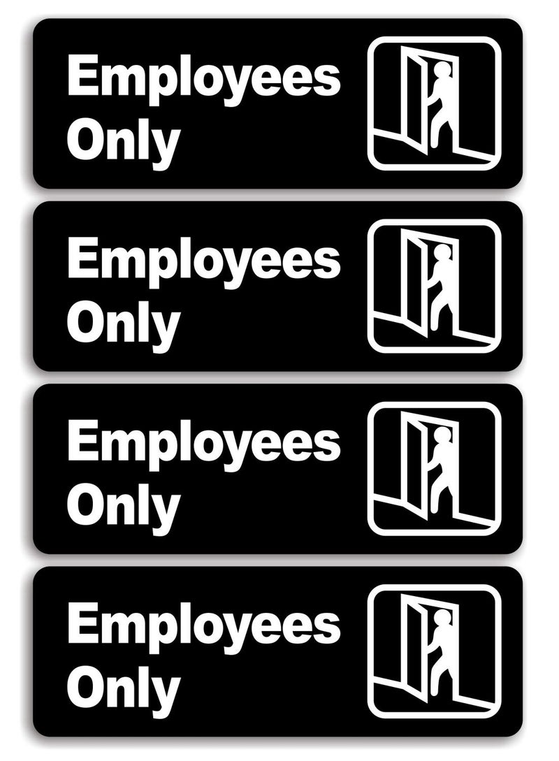 Faittoo "Employee Only" Informative Acrylic Plastic Sign with Symbols, (4 Pack) 9 X 3 Inch, Self Adhesive, Use for Office/Business, Easy to Apply, White Big Letters on Black Plate - Image 1