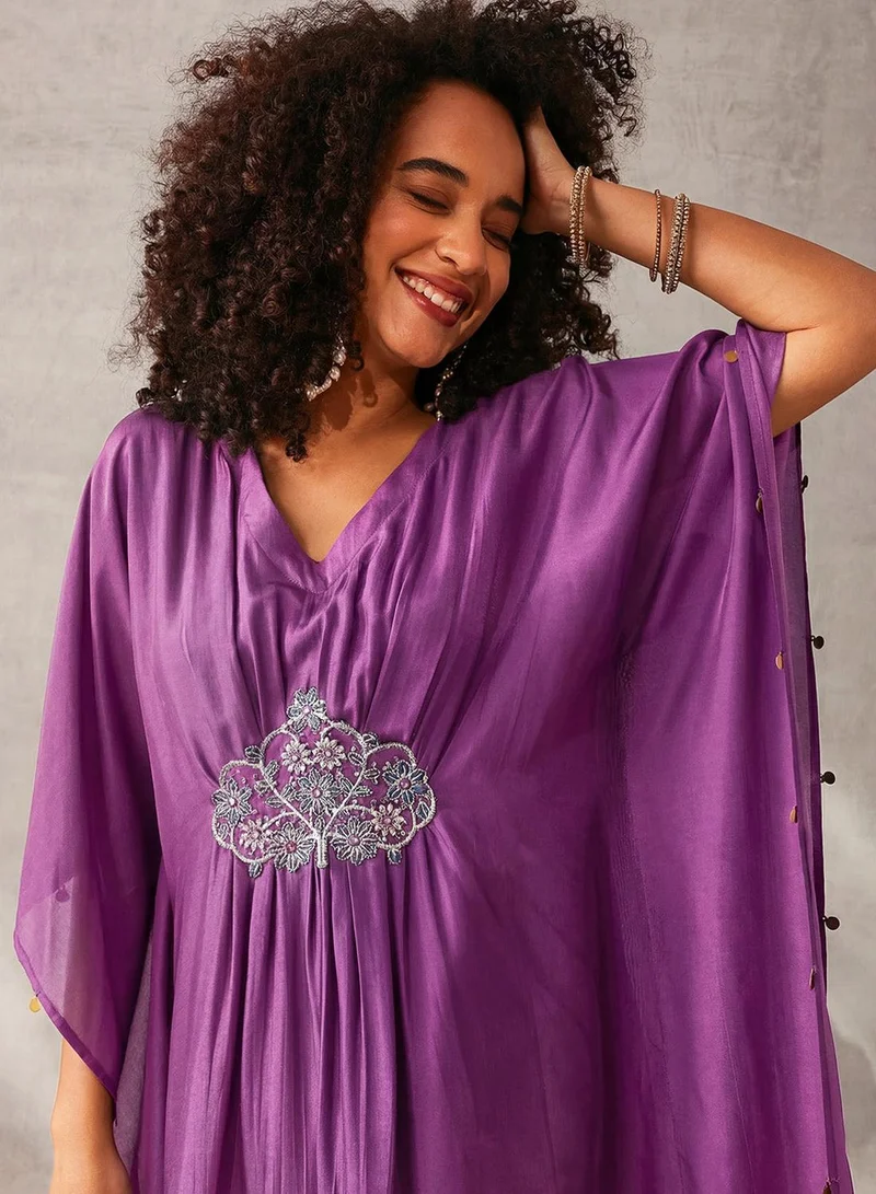 ISHIN Purple Poly Embroidered Relaxed A-Line Kaftan & Full Length Palazzo Kurta Set For Women