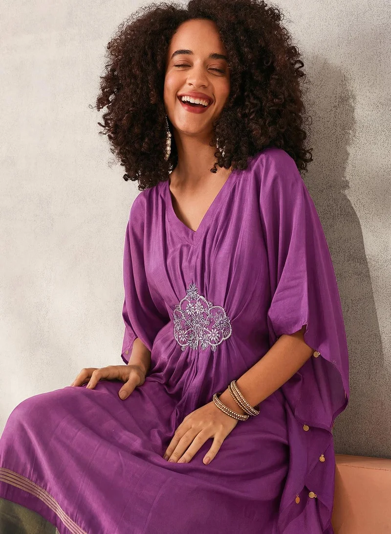 ISHIN Purple Poly Embroidered Relaxed A-Line Kaftan & Full Length Palazzo Kurta Set For Women