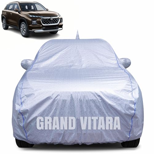 CABIUS 100% Waterproof Car Body Cover for Maruti Suzuki Grand Vitara (2022-2025) with Mirror Pocket, Heat & UV Resistant, Triple Stitched, Soft Lining, Bottom Elastic & Piping (Silver Reflective) - Image 1