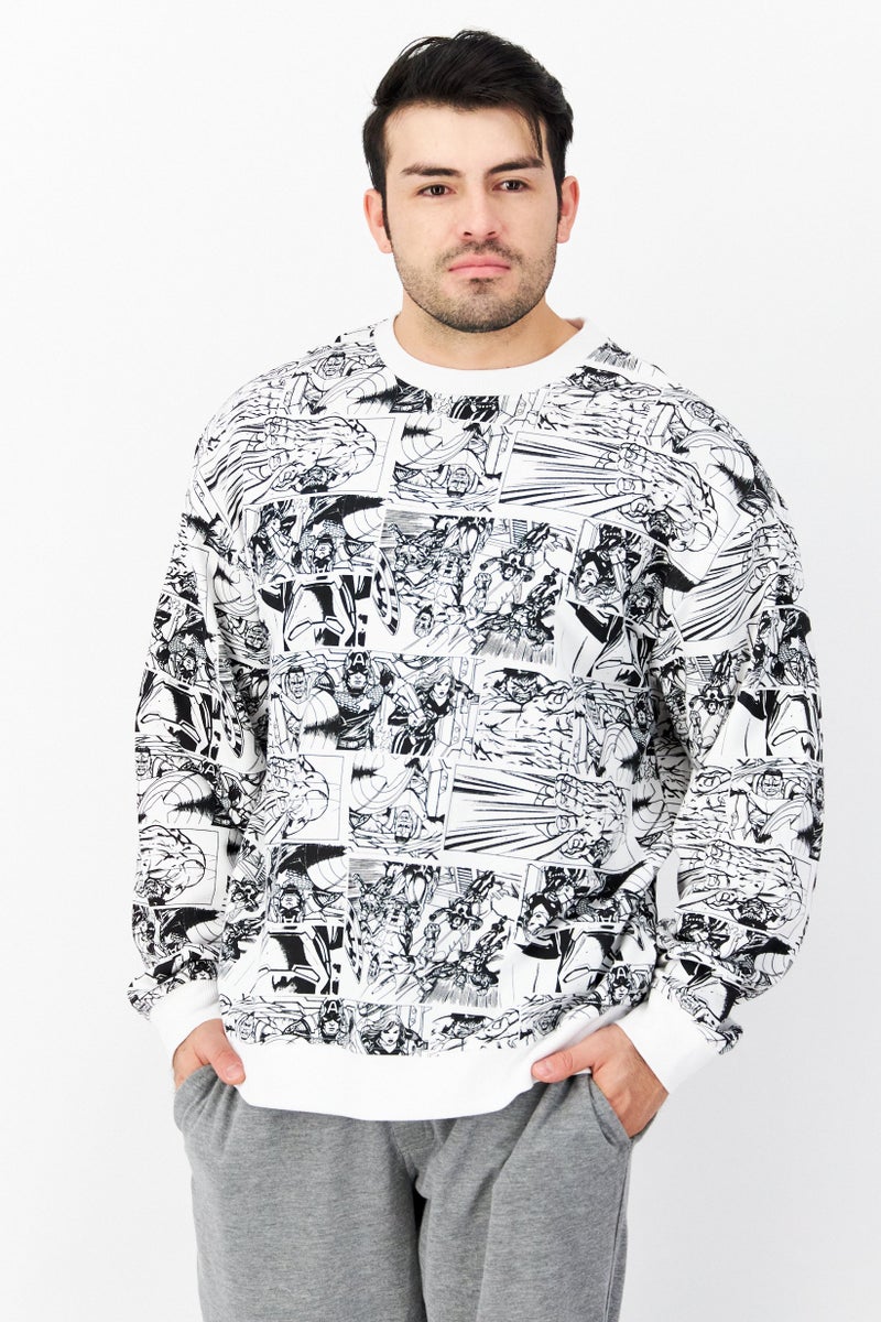 MARVEL Men Crew Neck Allover Print Long Sleeves Sweatshirt, White - Image 1