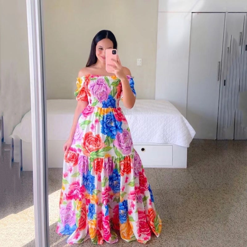 2023 Cross-border New Spring and Summer European and American Womens Dress Off-shoulder Floral Off-shoulder Long Printed Fairy Dress Colored flowers