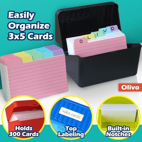 Olivo 3x5 Index Card Holder Box with 100 Cards Dividers Tabs 3"x 5", Blue - Image 3
