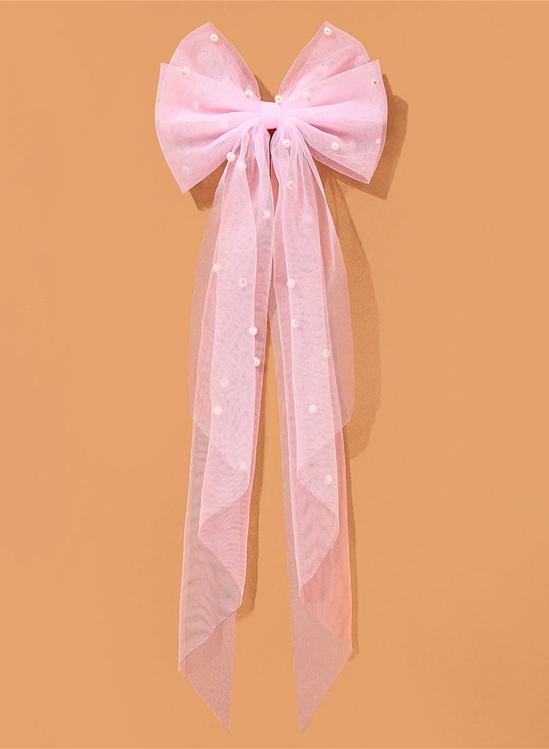 Bridal Hair Bow Veil Hair Clip,Veil Hairpins with Pearl Mesh Bow Hair Clips（Pink） - Image 1