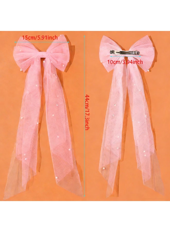 Bridal Hair Bow Veil Hair Clip,Veil Hairpins with Pearl Mesh Bow Hair Clips（Pink） - Image 3