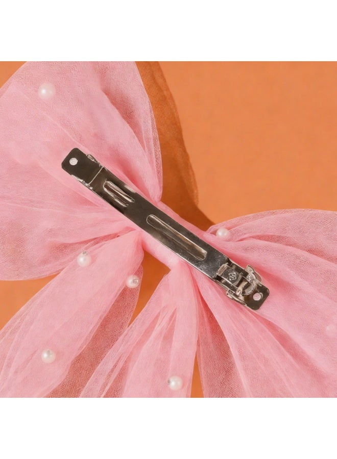 Bridal Hair Bow Veil Hair Clip,Veil Hairpins with Pearl Mesh Bow Hair Clips（Pink） - Image 2